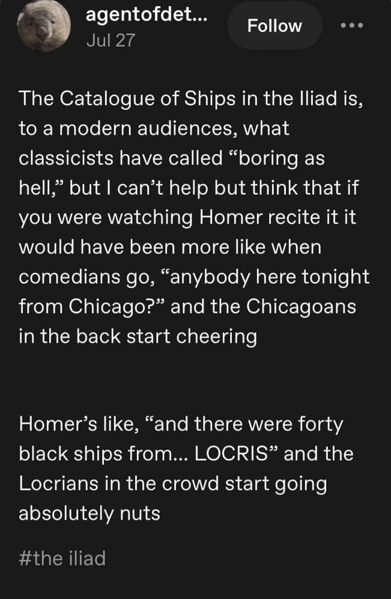 A social media post discussing the Catalogue of Ships in the Iliad and Homer reciting it.