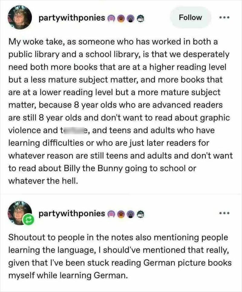 A social media post discussing the need for more books at different reading levels for children and.