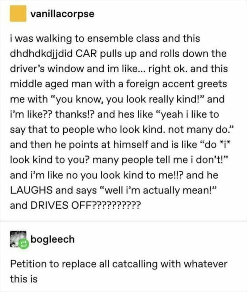 A man with a foreign accent greets a woman with kind words in a car.