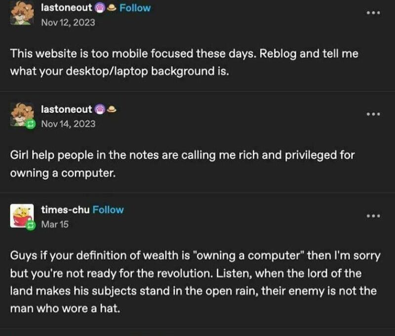 Screenshots of Tumblr posts discussing desktop backgrounds and wealth.