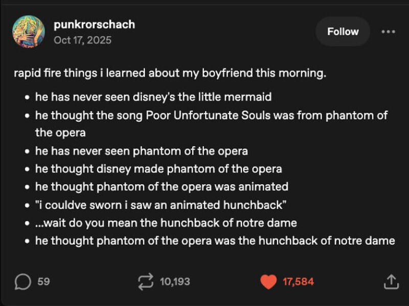 Text from a social media post about a boy learning about Disney's Little Mermaid and Phantom of the.