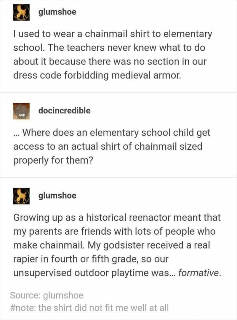 Discussion about wearing a chainmail shirt to elementary school and access issues.