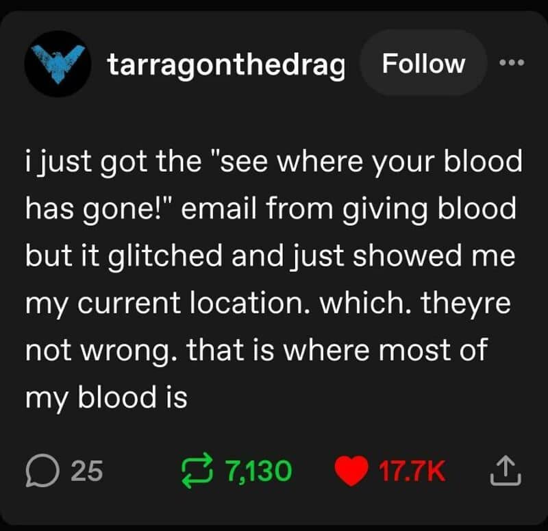 Screenshot of a social media post about a blood location email.