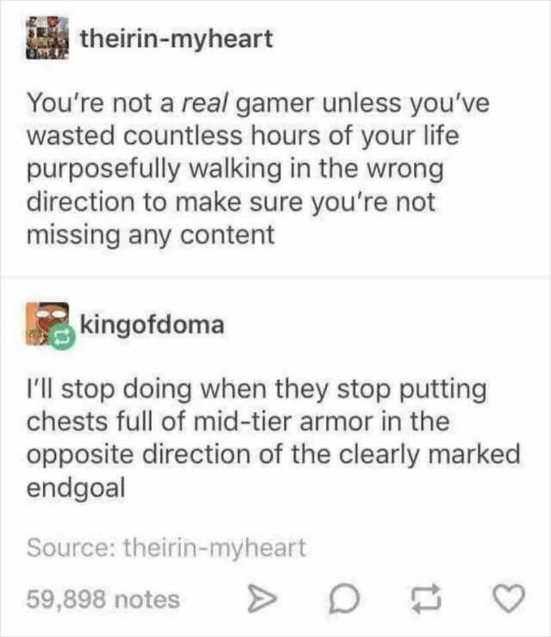 A humorous exchange about gaming and armor in a social media post.