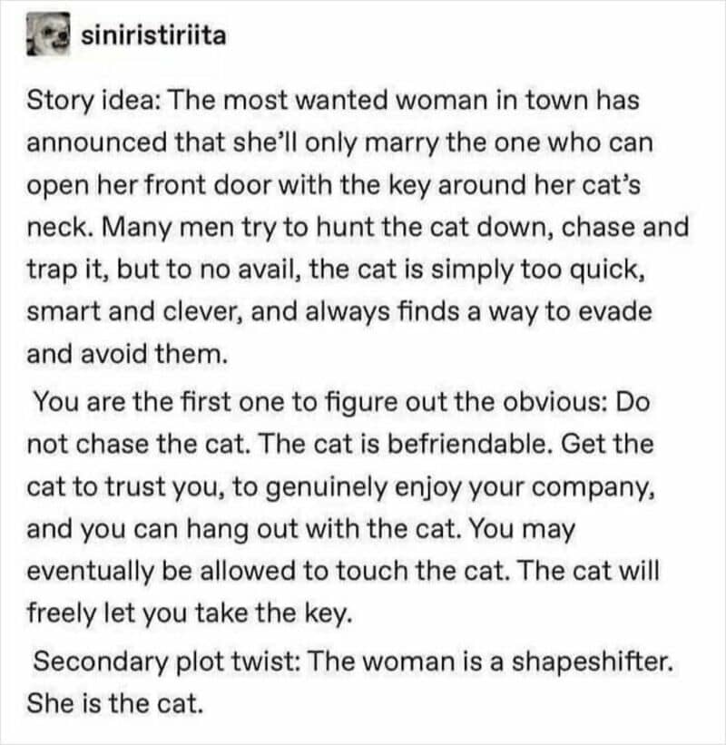 Woman only marries who can open her door with her cat nearby.