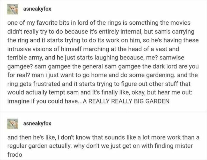 A humorous text about Lord of the Rings and gardening, mentioning Sam, Frodo, and a big garden.