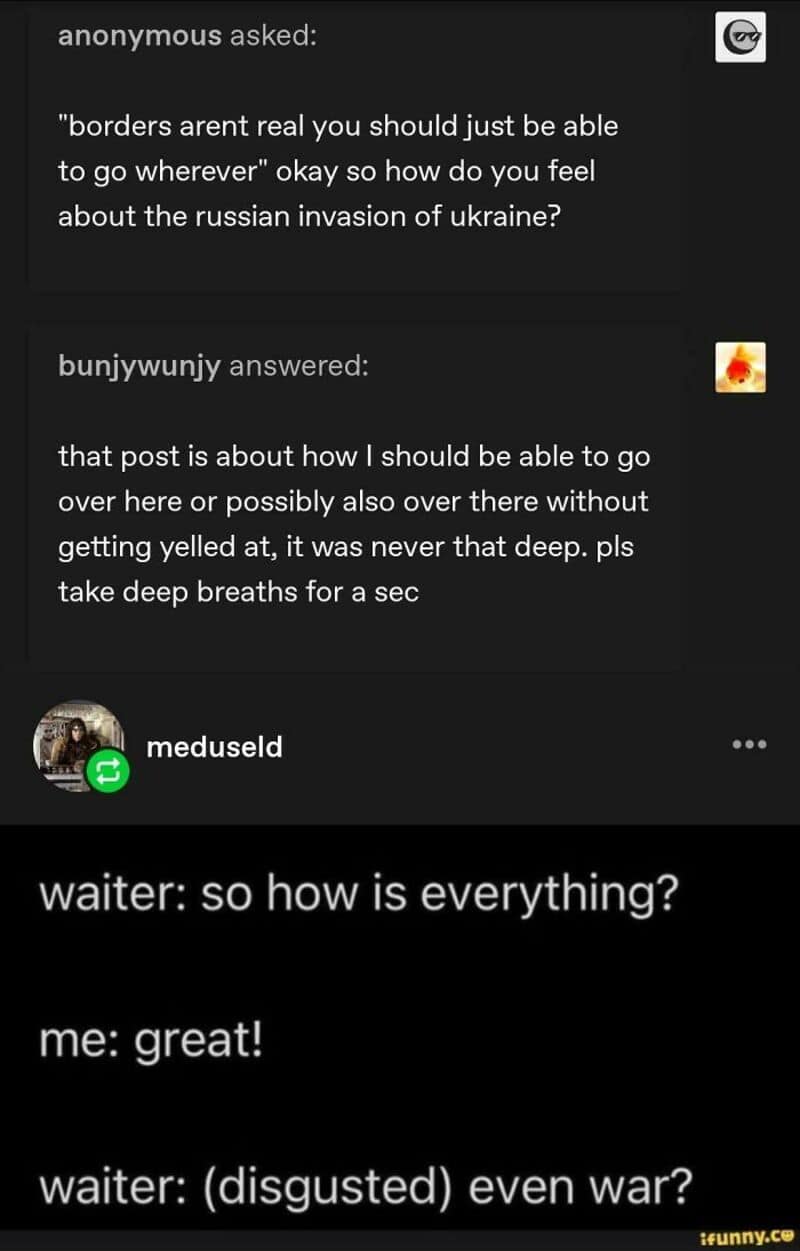 A screenshot of a conversation about borders, Ukraine, and war, with a humorous waiter reply.
