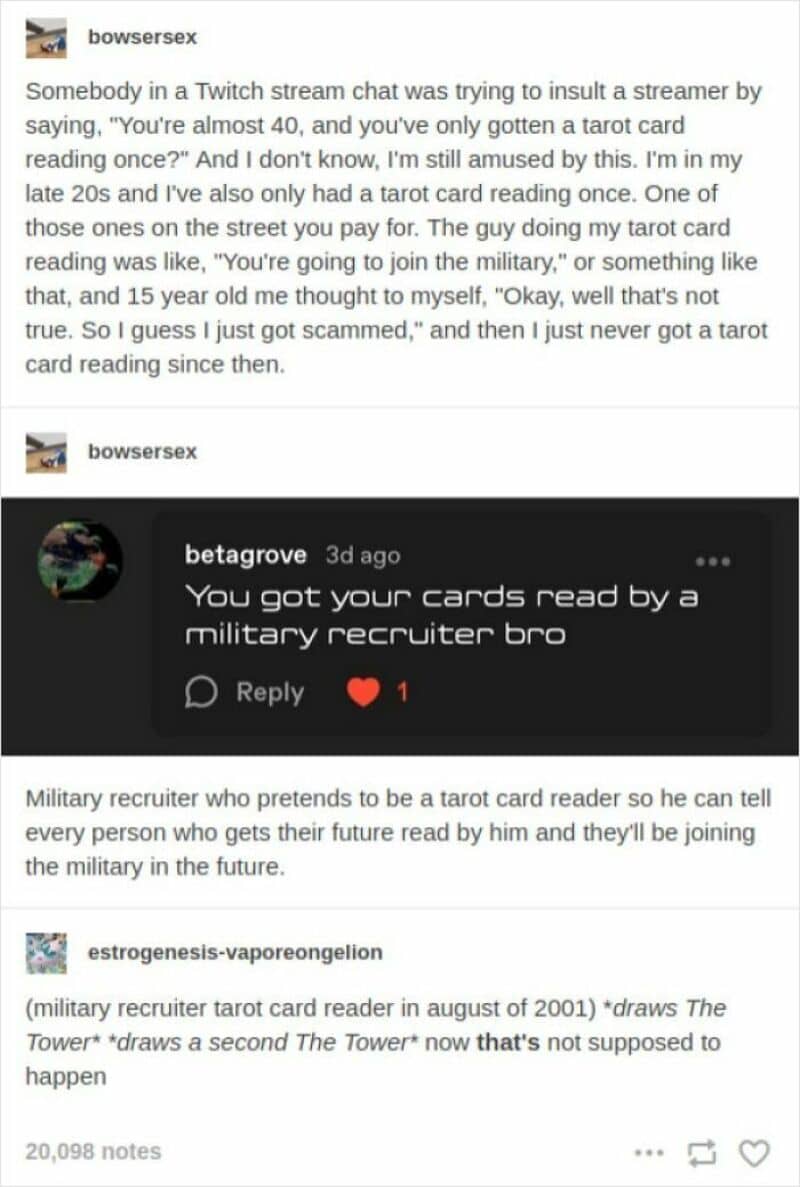 Military recruiter pretending to be a tarot card reader, claiming to read future cards.