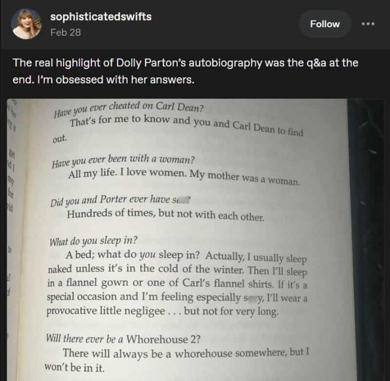 Dolly Parton's autobiography Q&A with her answers about relationships and sleep.