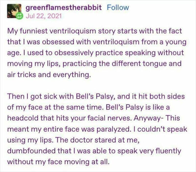 A Tumblr post about ventriloquism and Bell's Palsy with text describing the author's experience.