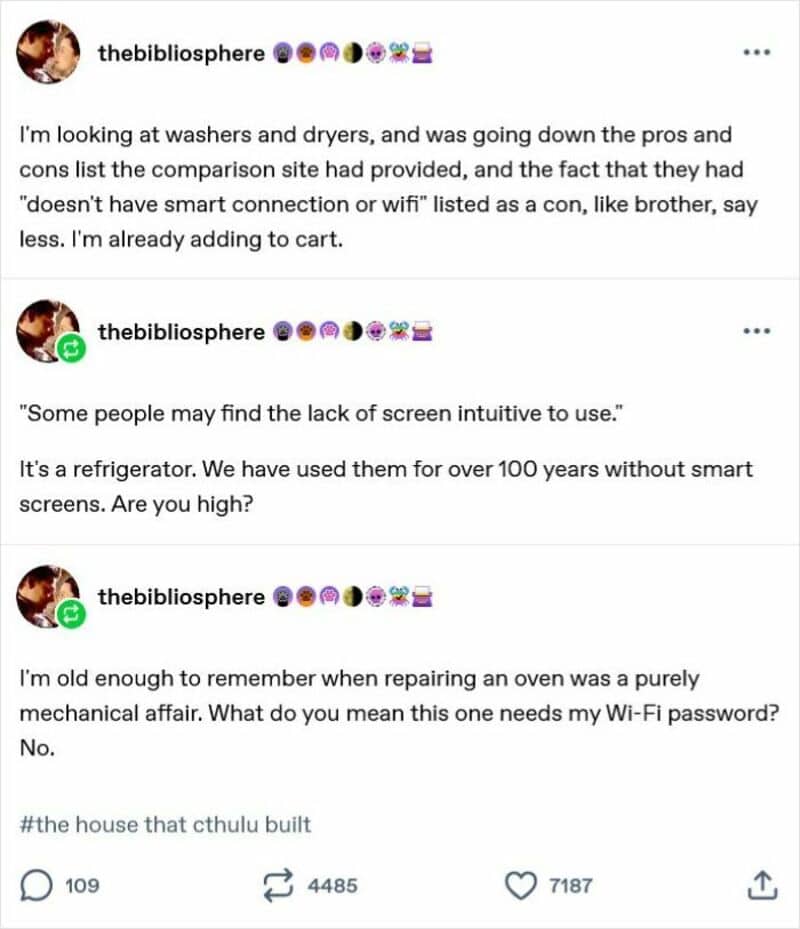 Screenshots of a social media post comparing washers, dryers, and refrigerators.