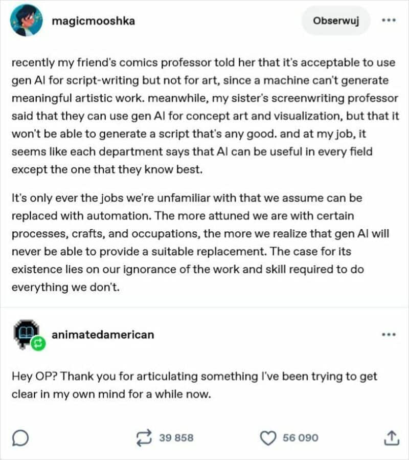 Screenshots of social media posts discussing AI in art and scriptwriting.