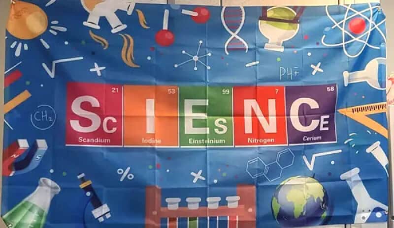 Science-themed banner with periodic table elements spelling 'SCIENCE' and lab equipment.