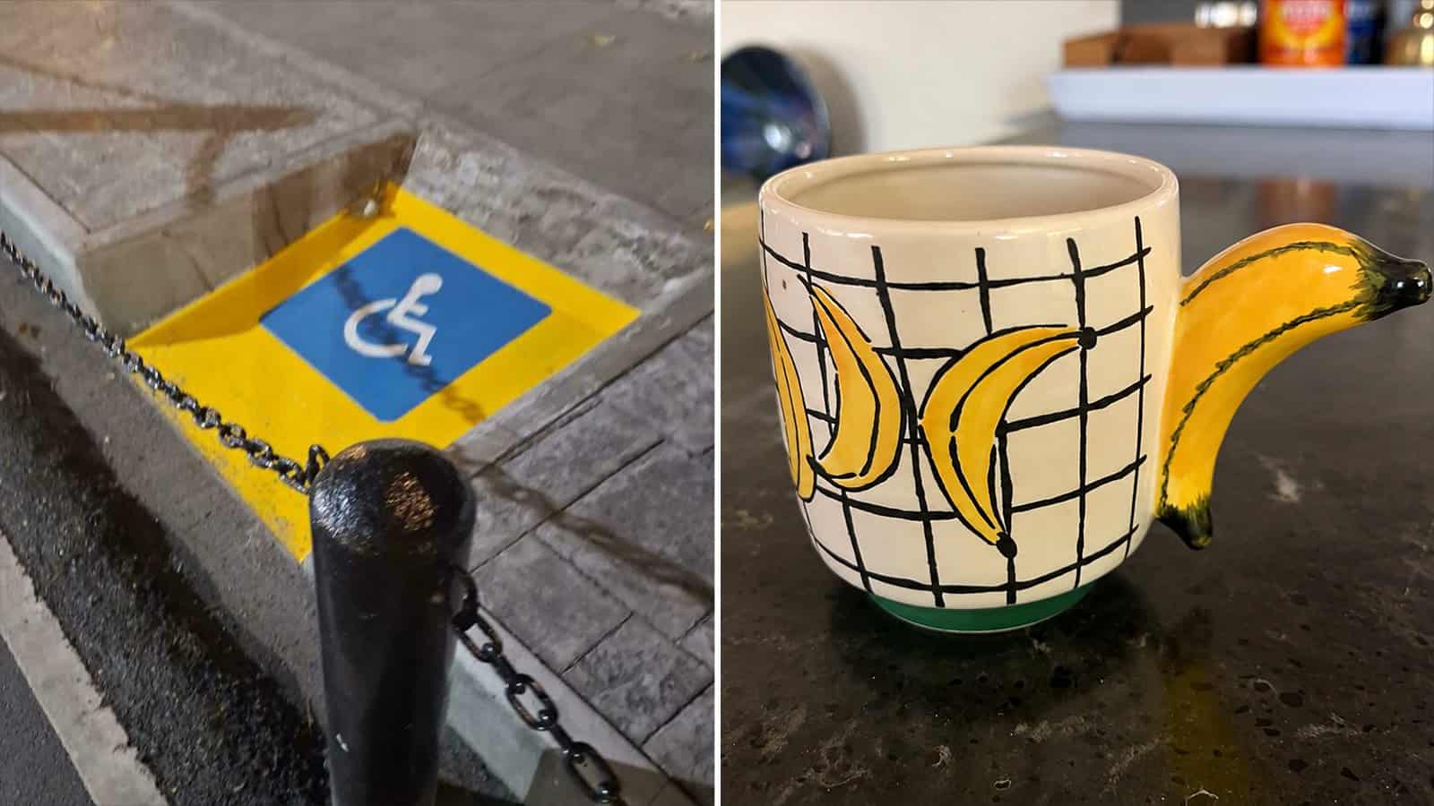 Parking space for disabled with a chain barrier, next to a mug with banana design.