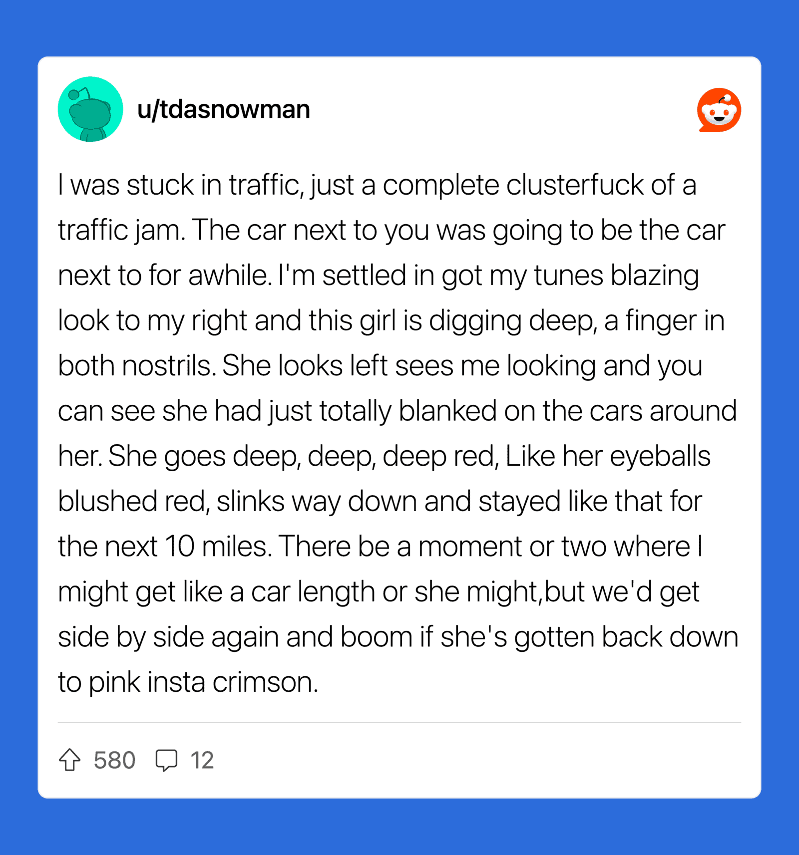 User's Reddit post about traffic jam and a girl digging deep.