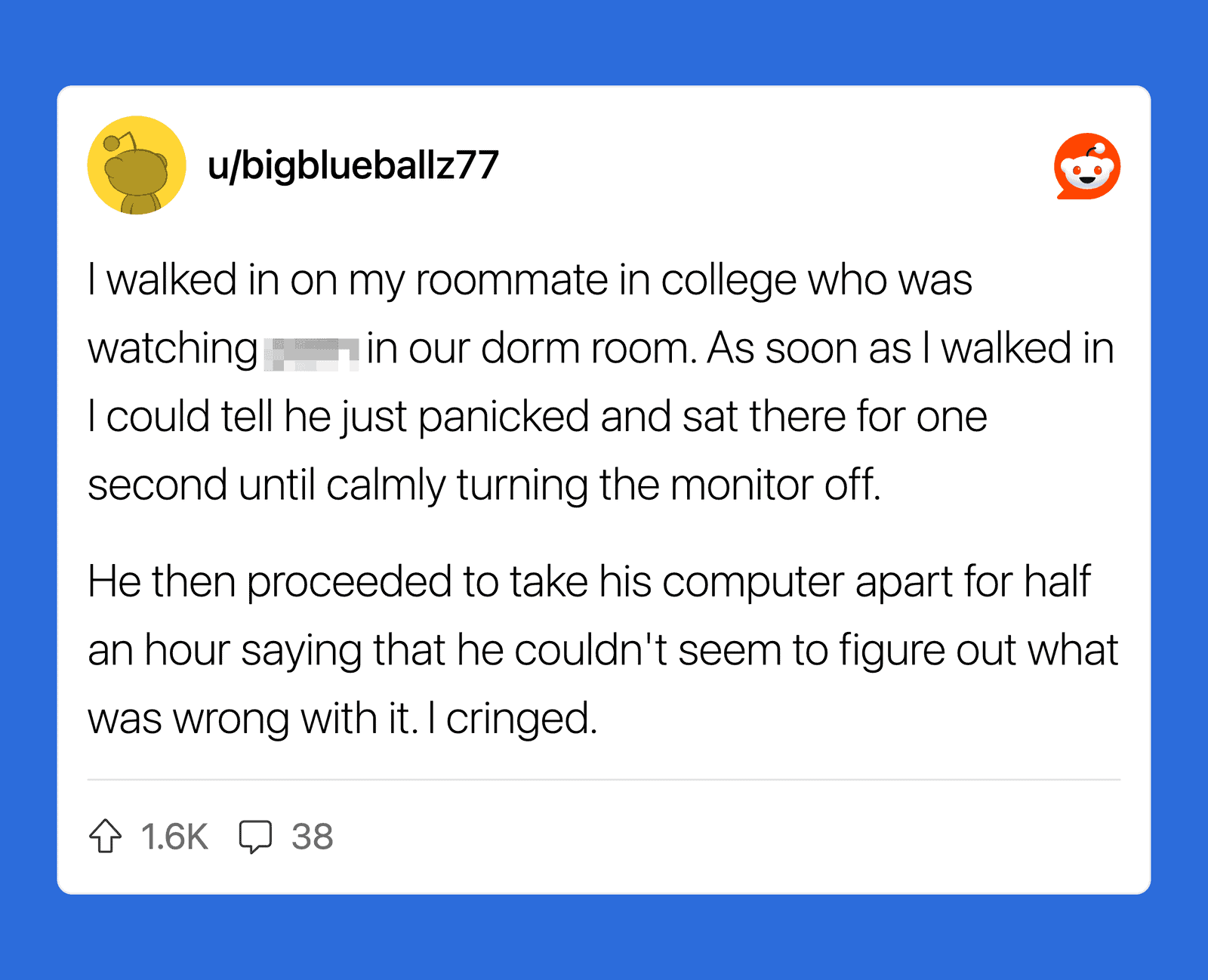 Screenshot of a Reddit post about a roommate watching something embarrassing.