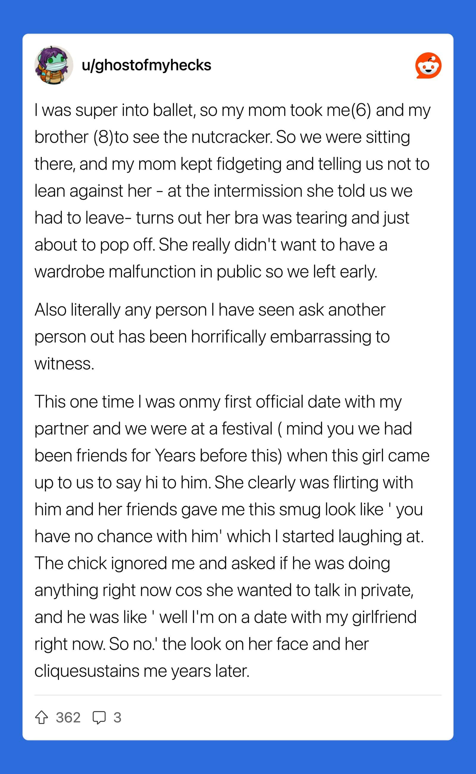A person shares an embarrassing story about a ballet class and a date.