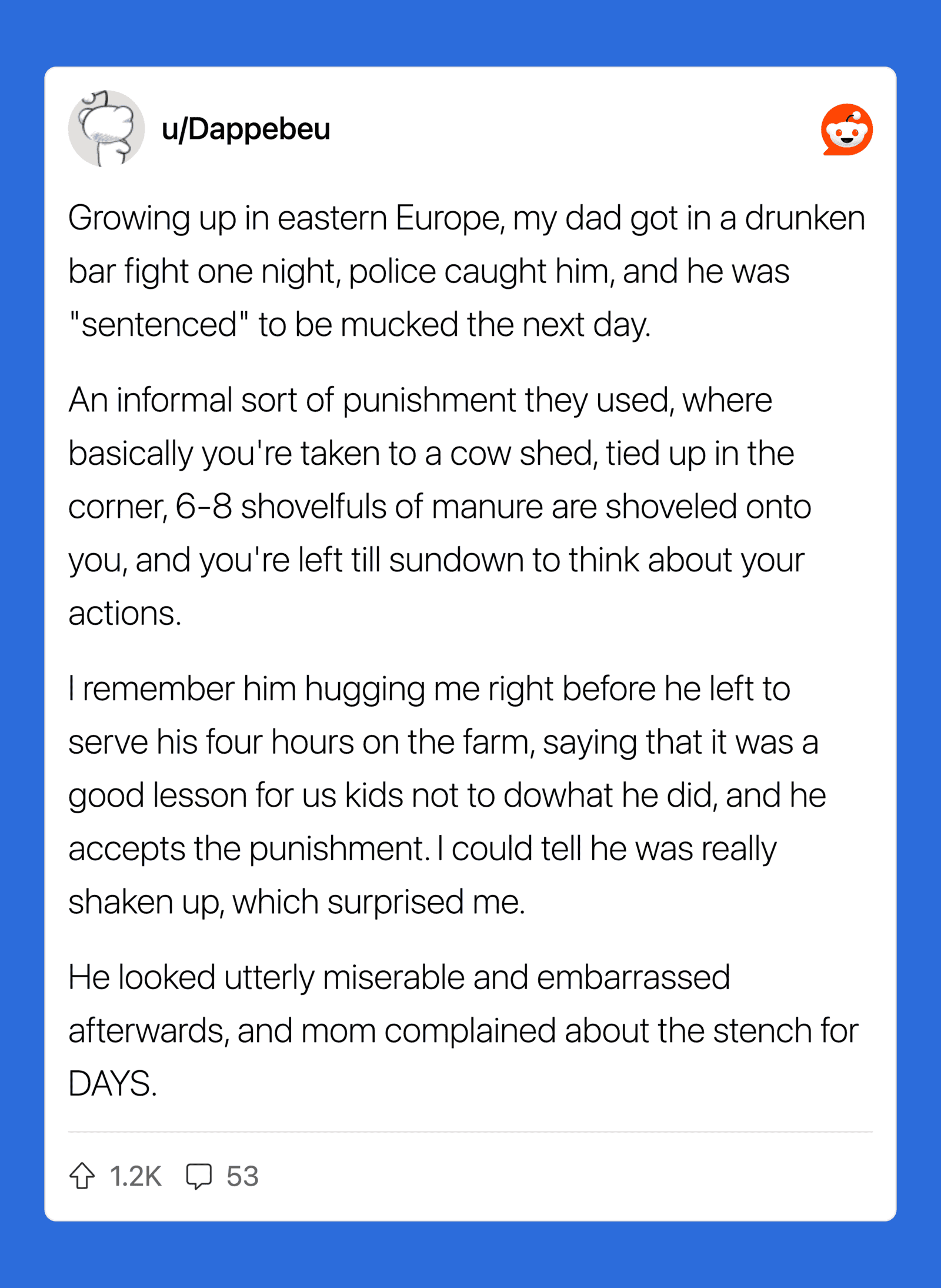 Story of dad's drunken bar fight and punishment in Eastern Europe.