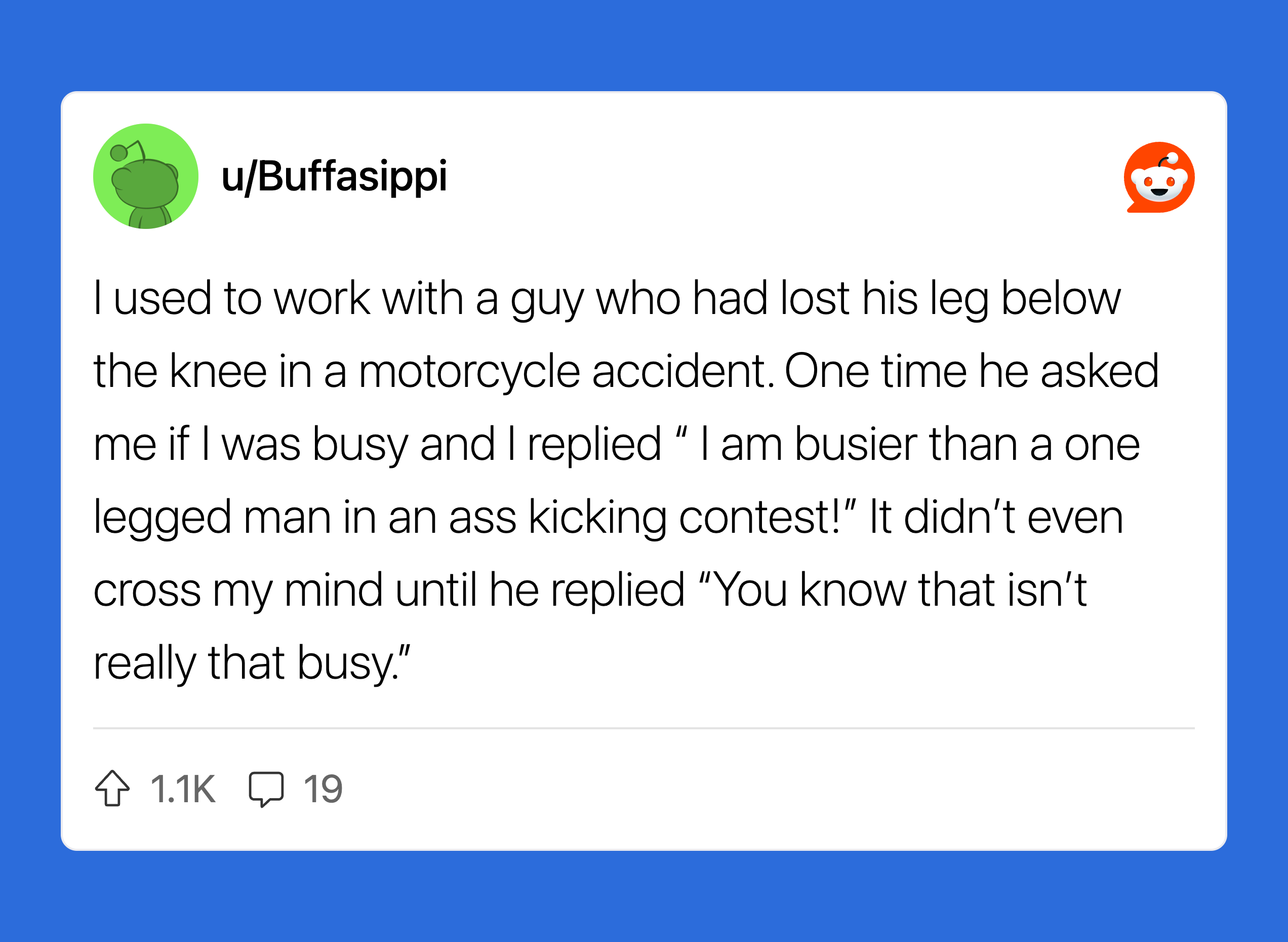 A Reddit post about a motorcycle accident and a humorous reply.