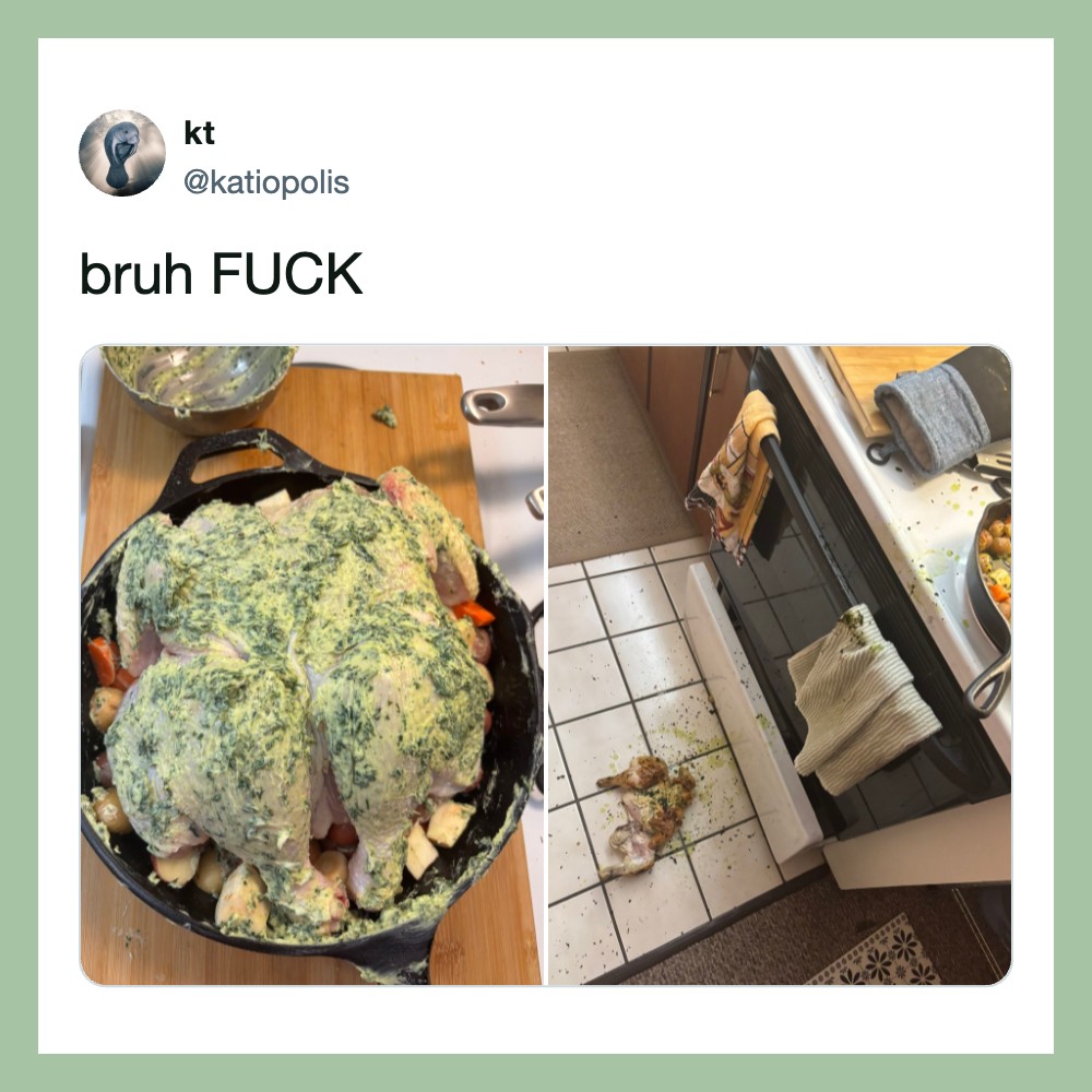 Side-by-side photos of a raw chicken covered in green herbs and a messy kitchen floor.