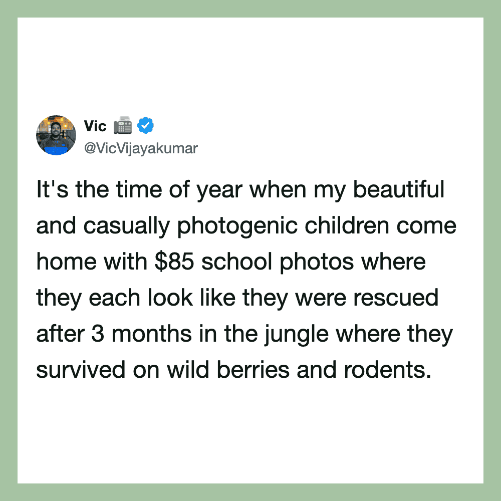 A tweet by Vic about children returning home with school photos after three months in the jungle.