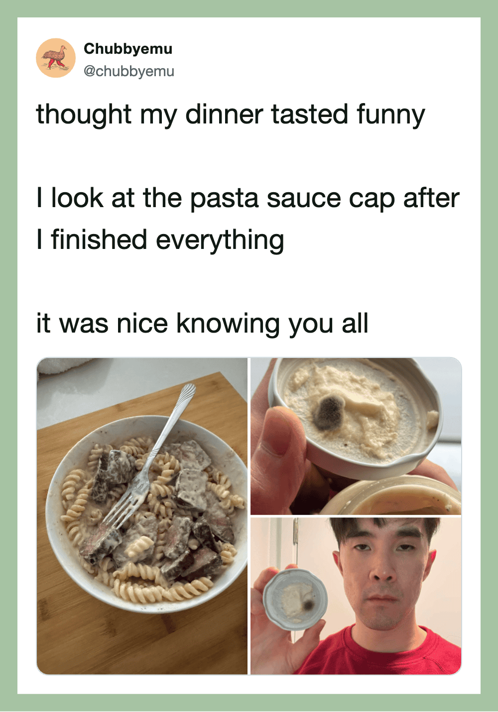 Person holding a pasta sauce cap with a bowl of pasta and a close-up of a bowl of creamy sauce.