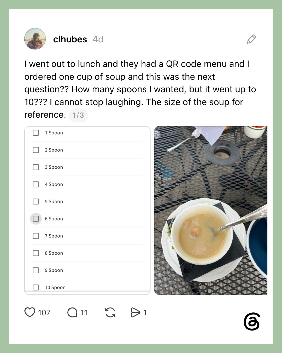 Customer's humorous post about a QR code menu and soup size.
