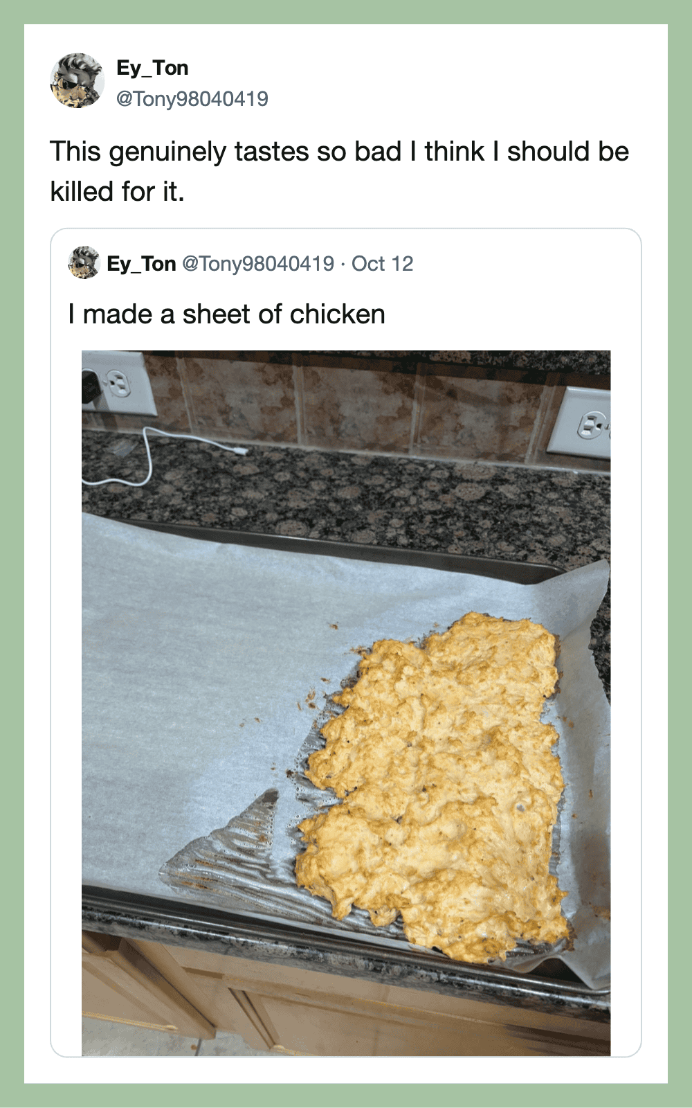 Tweet about bad tasting chicken sheet with image of raw chicken on baking sheet.