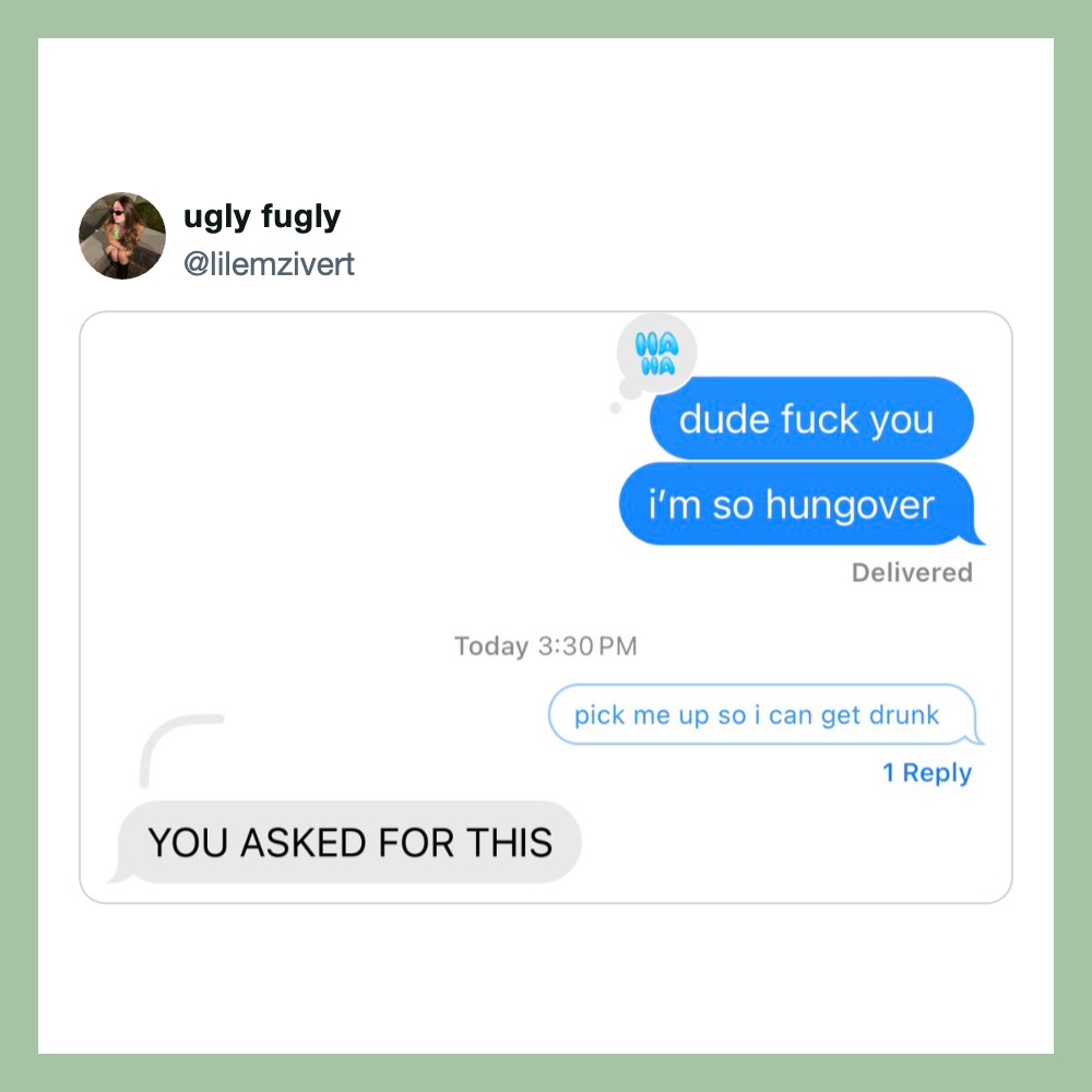 Text conversation with explicit language about being hungover and asking for a ride.