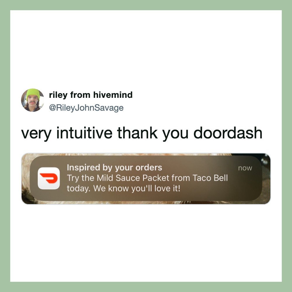 Screenshot of a social media post with a Doordash notification for a Taco Bell order.