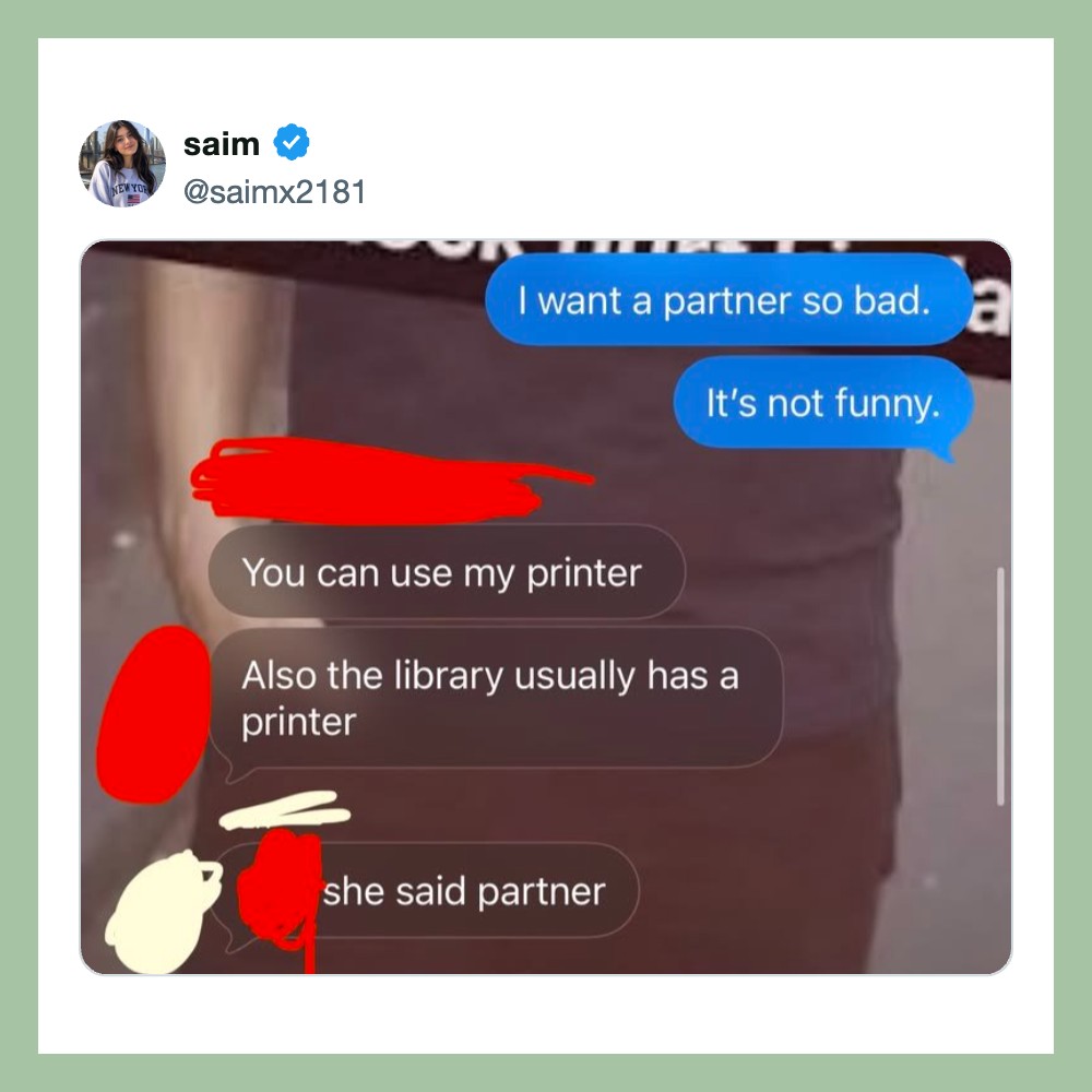 Text conversation about wanting a bad partner, with humorous responses about using a printer.