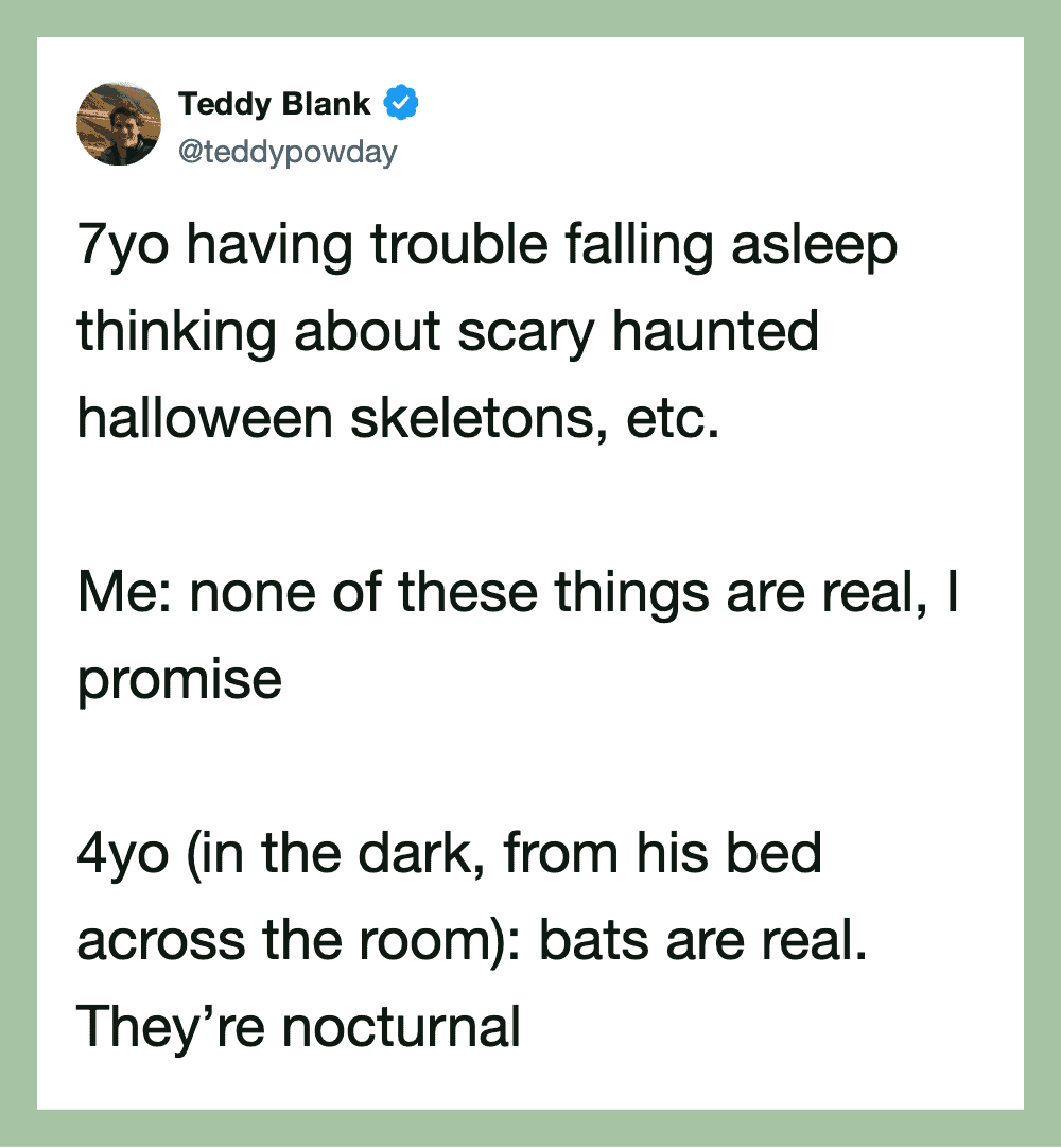 Teddy Blank's tweet about having trouble falling asleep thinking about haunted skeletons and bats.