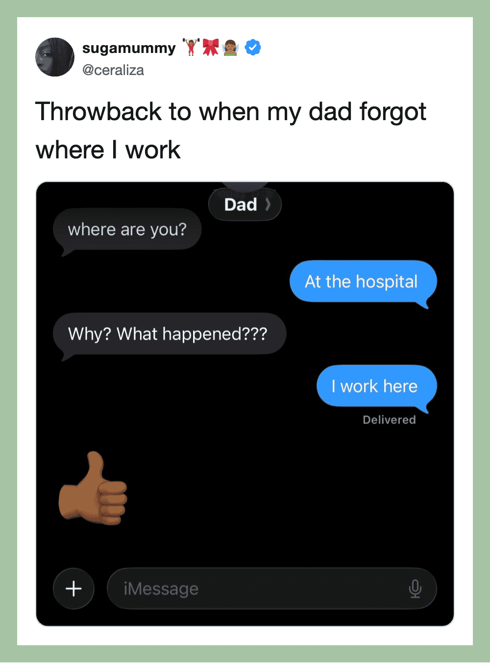Text conversation about work at the hospital with a thumbs-up emoji.