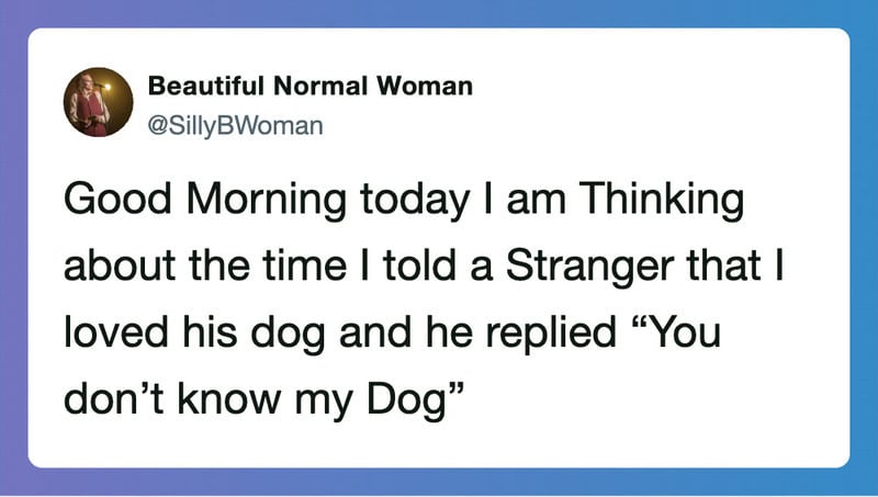 Good morning, I told a stranger I loved his dog, and he replied, 'You don't know my dog'.