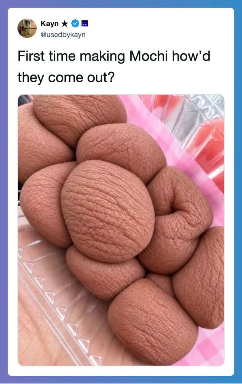 Photo of mochi with a humorous caption about making mochi for the first time.