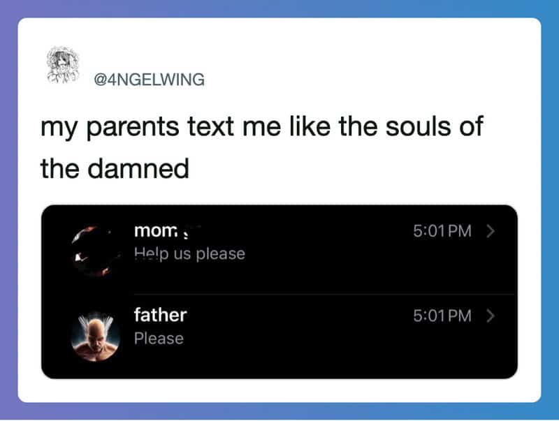 Screenshot of a text message exchange with 'mom' and 'father' asking for help and please.