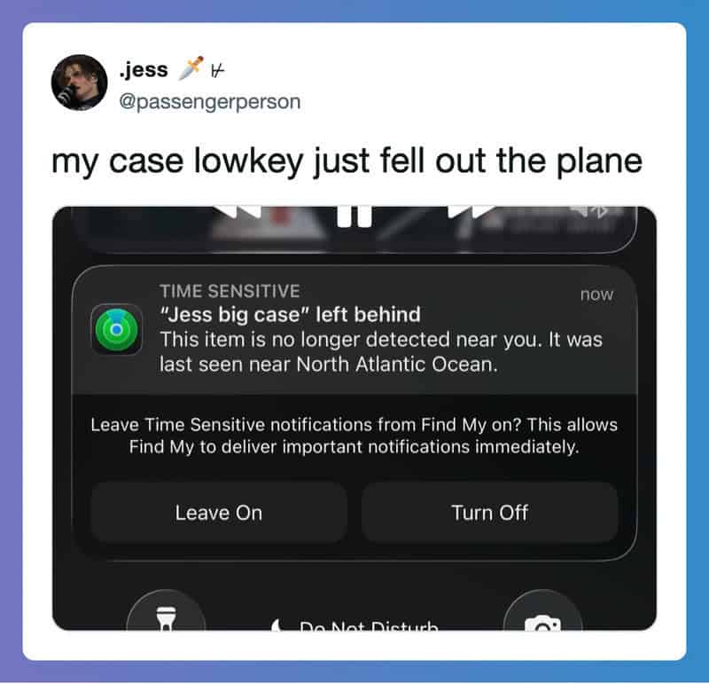 Screenshot of a phone notification about a lost item, with options to leave or turn off.