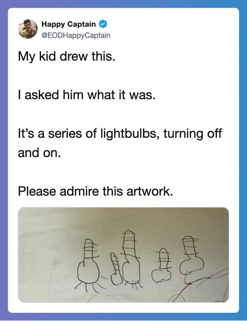 Child's drawing of lightbulbs, with a caption praising it.