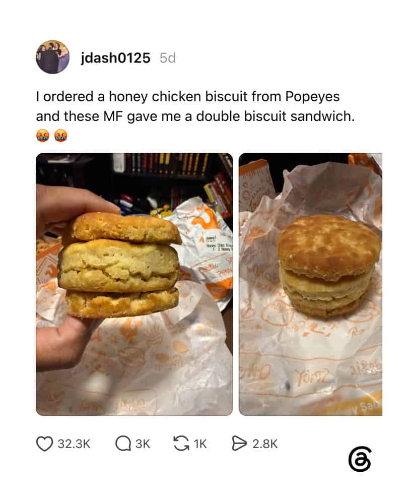 Two images of honey chicken biscuits from Popeyes, one with a double biscuit sandwich and one single.