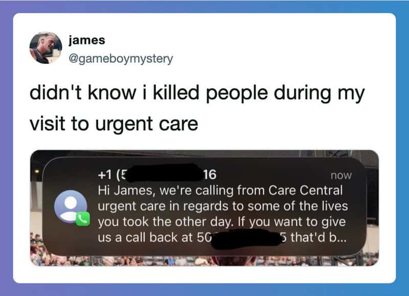 Text message from Care Central urgent care about a call back.