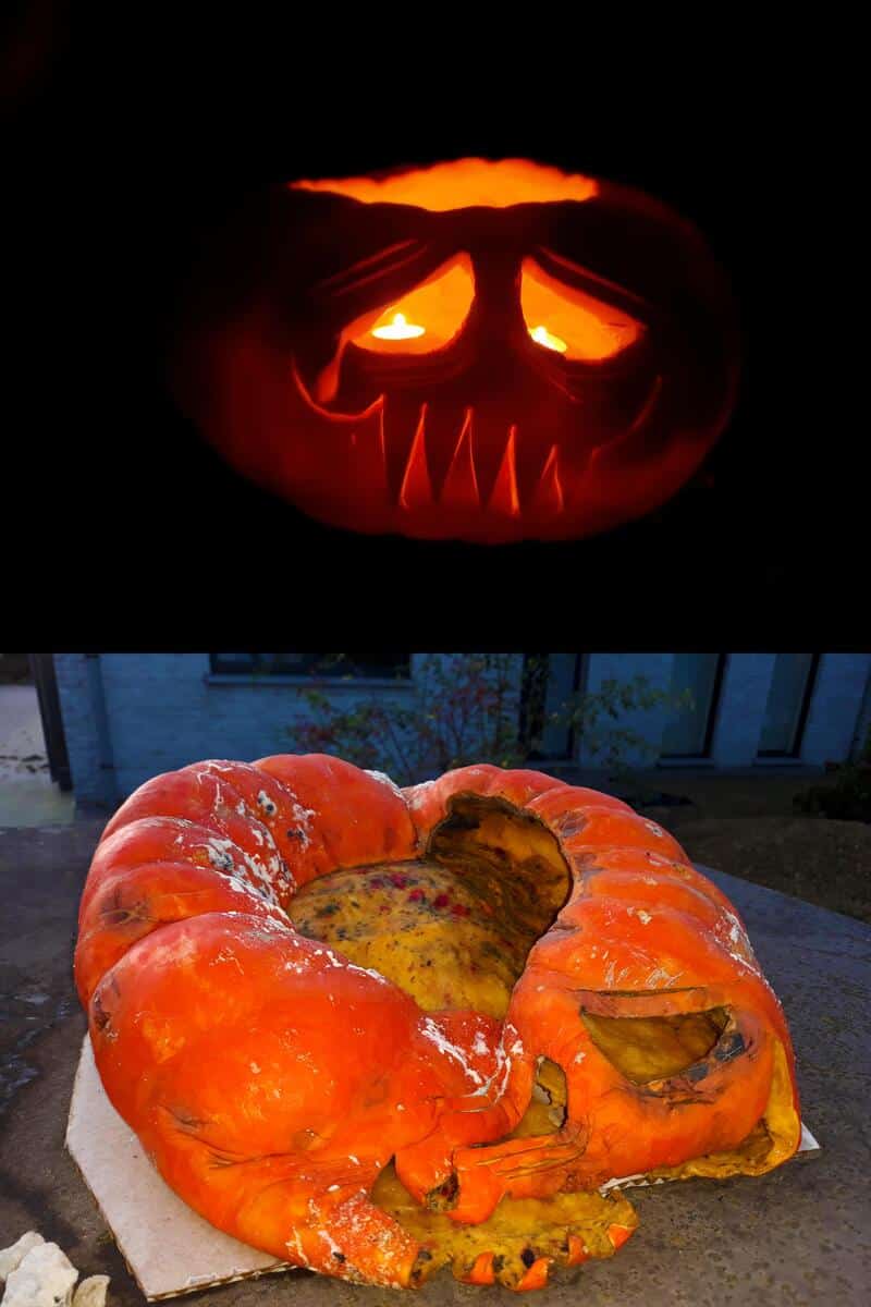 Carved jack-o'-lantern glowing with light in the dark, sinister facial features.