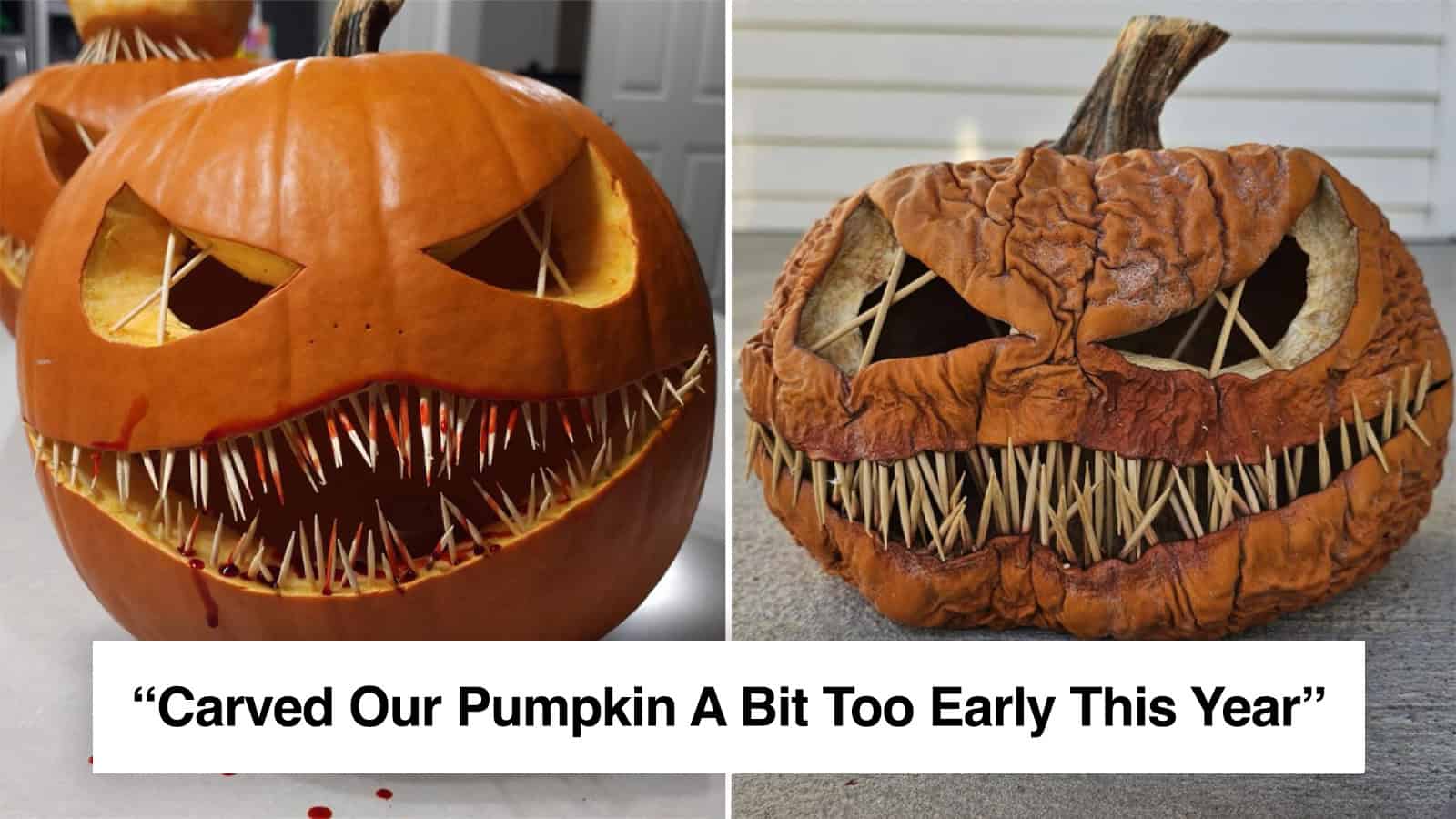 Pumpkin with carved face, sharp teeth, and straw eyes, early Halloween fail.
