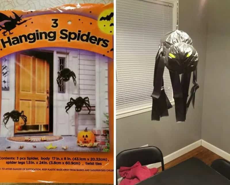 Hanging spider and a spooky black creature with glowing eyes on the wall.