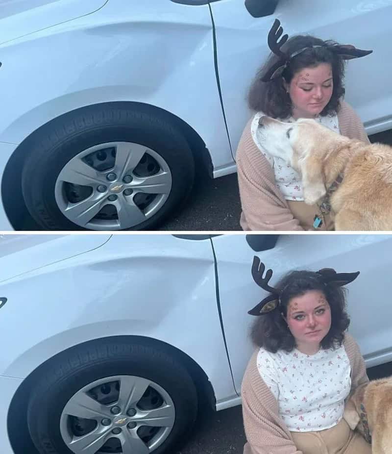 Woman with reindeer antlers headband and dog with reindeer nose.