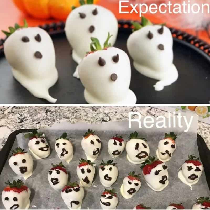 Halloween strawberries with faces, showing expectation vs. reality.