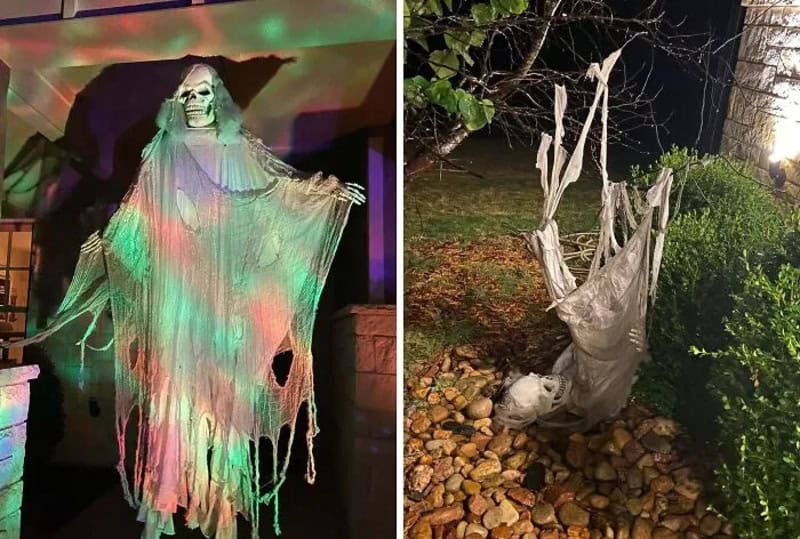 Two Halloween decorations: a glowing skeleton in a tattered sheet and a ghostly figure in a plastic.