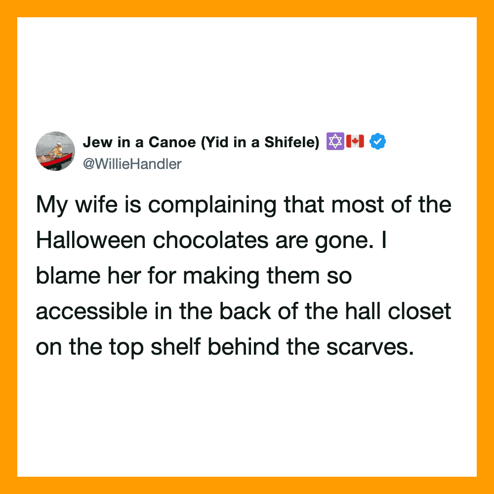 Twitter post about Halloween chocolates being gone, blaming wife for hiding them.
