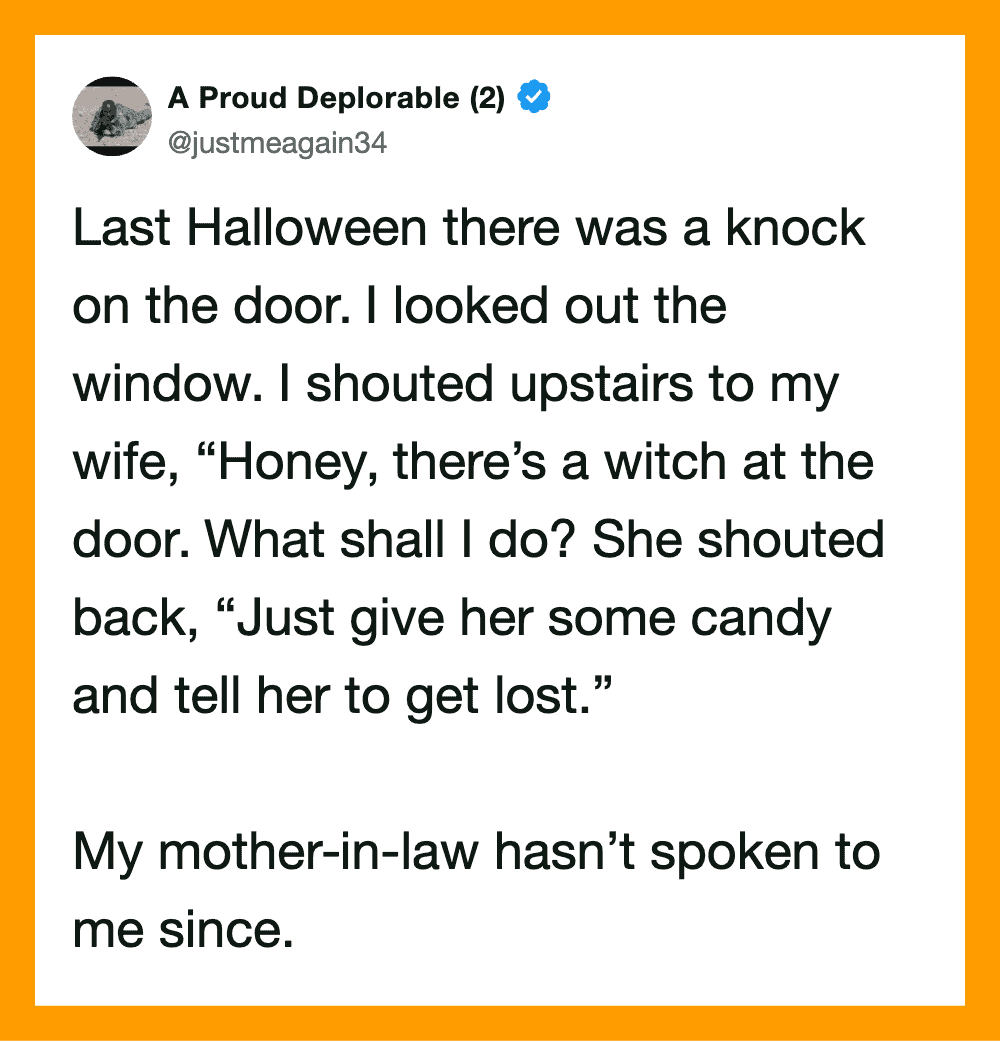 A humorous Halloween tweet about a knock on the door and a joke about a witch.