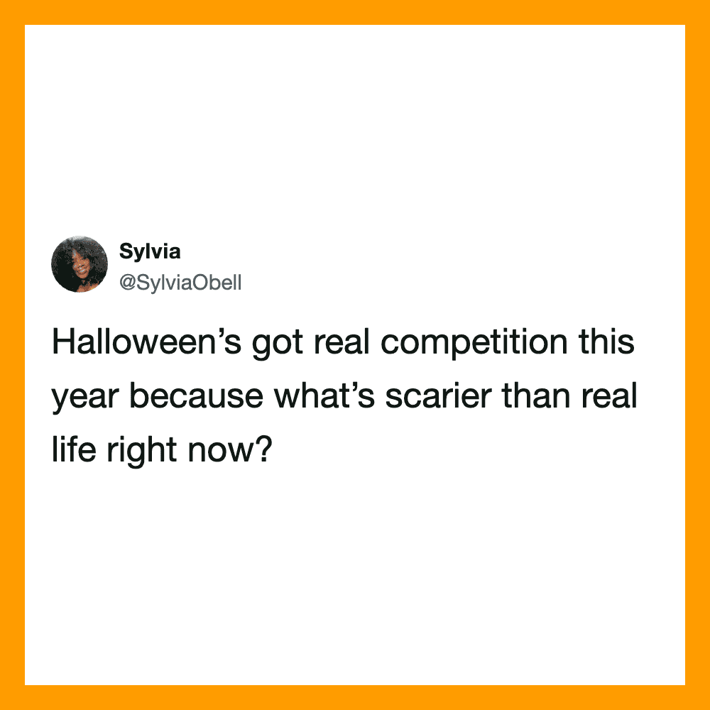 Twitter post by Sylvia about Halloween competition and real life.