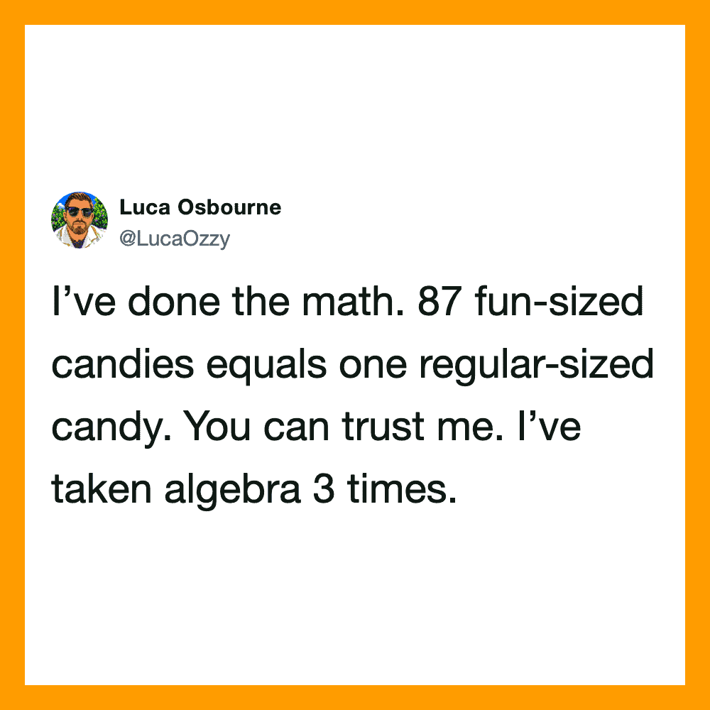 Luca Osbourne's tweet about math and candies, with Halloween-themed orange border.